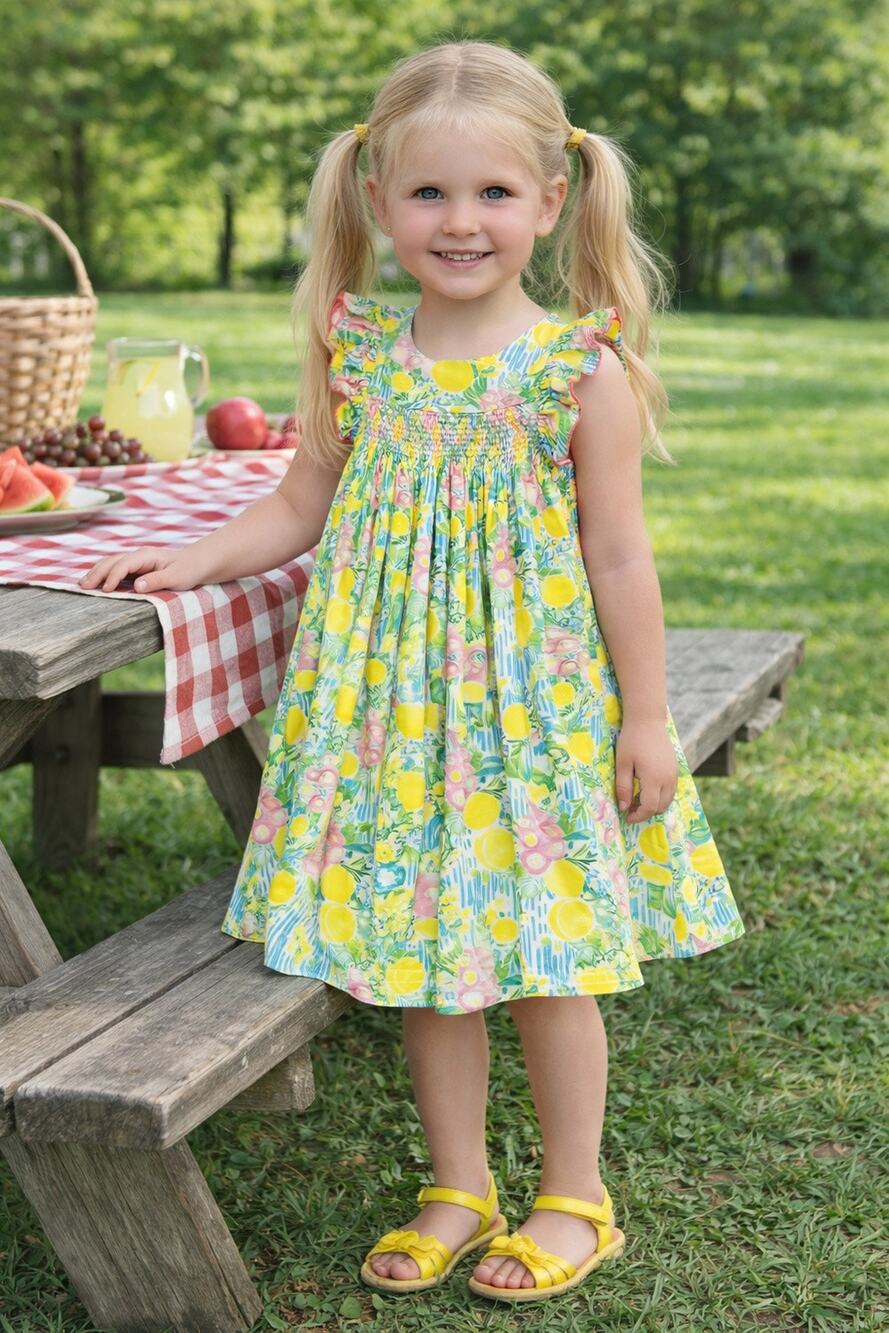 Marco & Lizzy Positano Lemon Print smocked Pima Cotton Dress NWT size 6